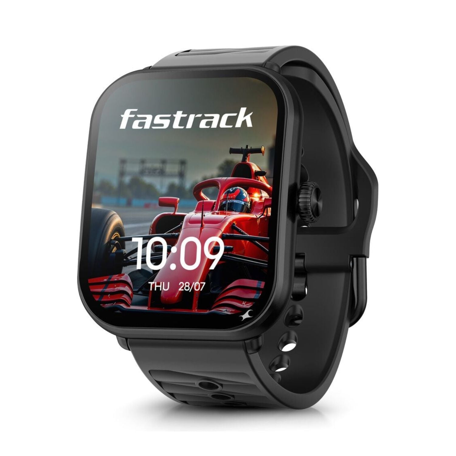 Black AMOLED smartwatch with round display and black silicone strap